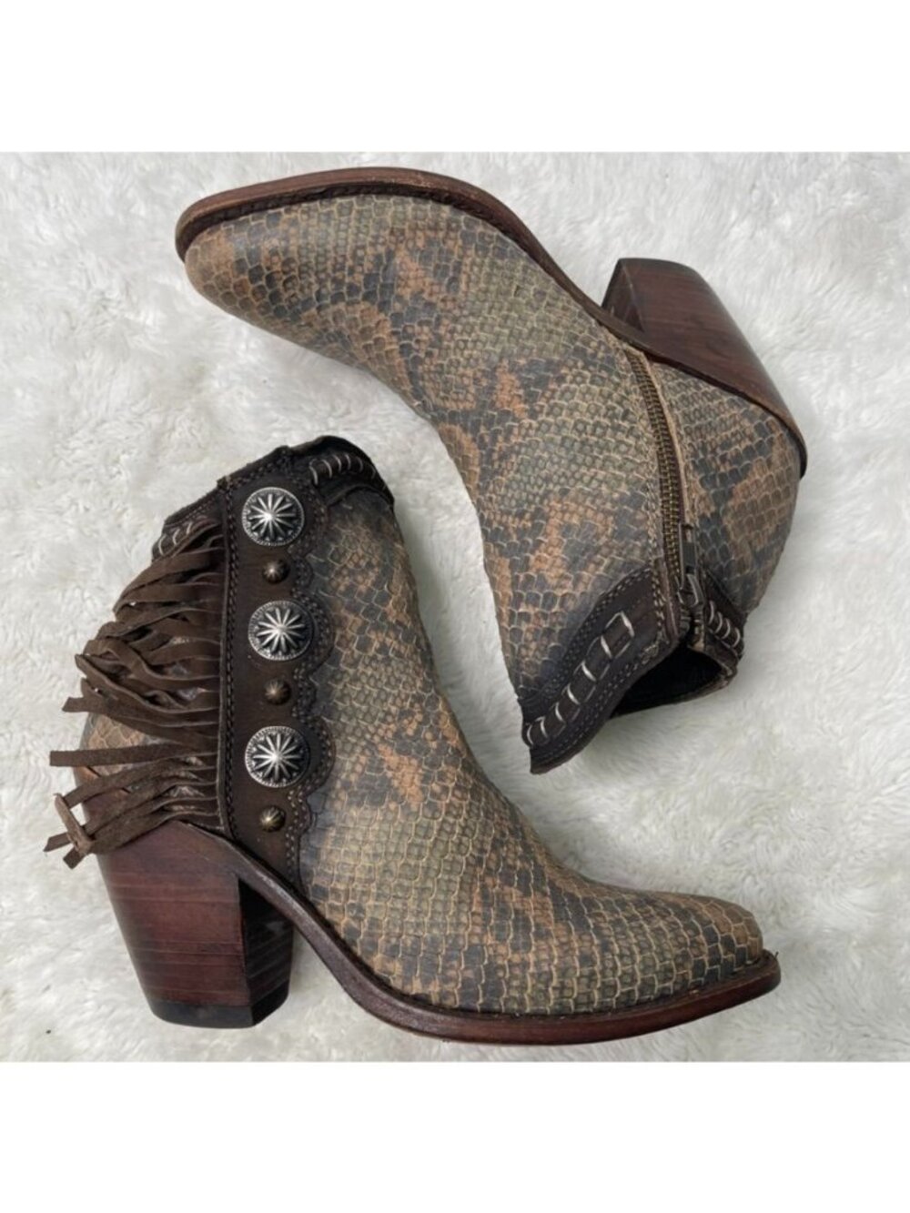 Liberty Black Python Print Fringe Concho Western Boots Womens 8 Boho Booties - Picture 3 of 12